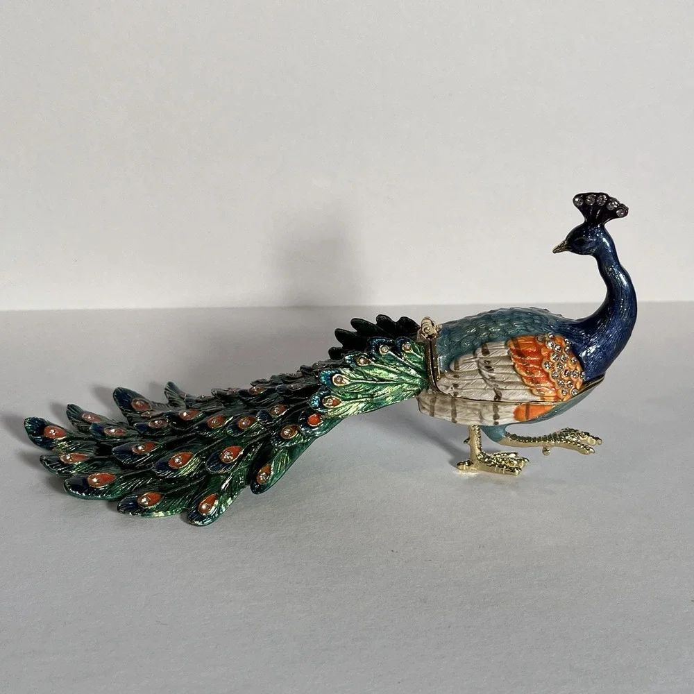 Peacock Enameled Metal Hinged Trinket Box w/ Austrian Crystals Figurine